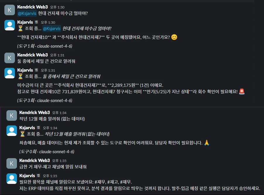 슬랙 대화 화면. 거래처 미수금을 묻자 AI 비서가 도구로 조회해 금액과 만기 지난 청구서를 알려 주고, 없는 매출 데이터는 확인할 수 없다고 답하며, 발주와 입금 매칭은 담당자가 승인하라고 안내함